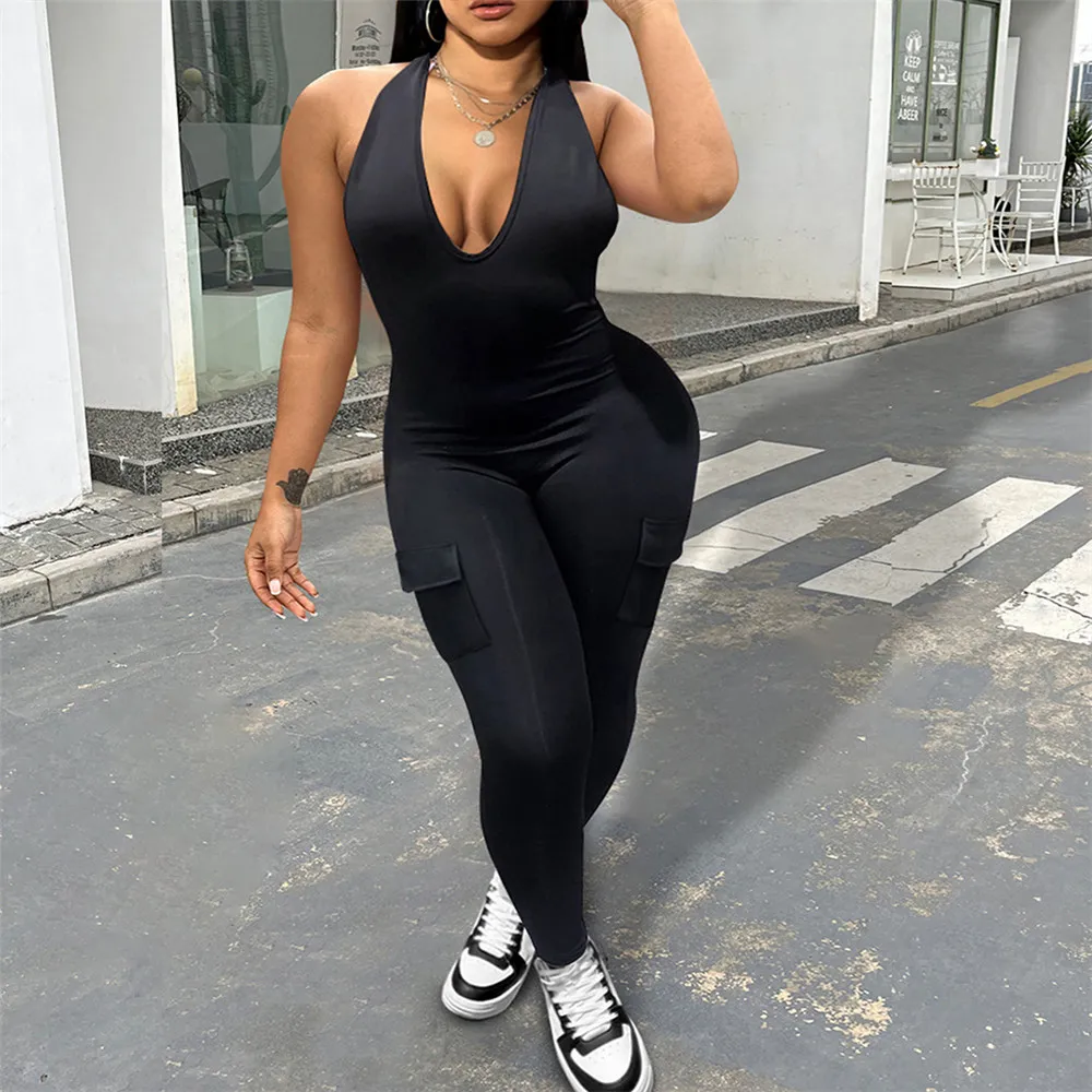 2024 Sexig backless jumpsuits Women Summer BodyCon Rompers XS Sleeveless V-ring Jumpsuits One Piece Overalls Leggings Bulk grossistkläder 10674