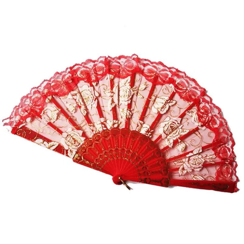 Arts And Crafts Lace Dance Fan Show Craft Folding Fans Rose Flower Design Plastic Frame Silk Hand 10 Colors Drop Delivery Home Garden Dhvbm