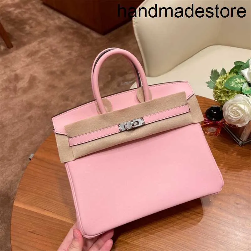 Bag Home Designer High-end Wax Line Handmade Brand Original Genuine Leather Birkin25 Milk Shake Powder Silver Buckle Women's