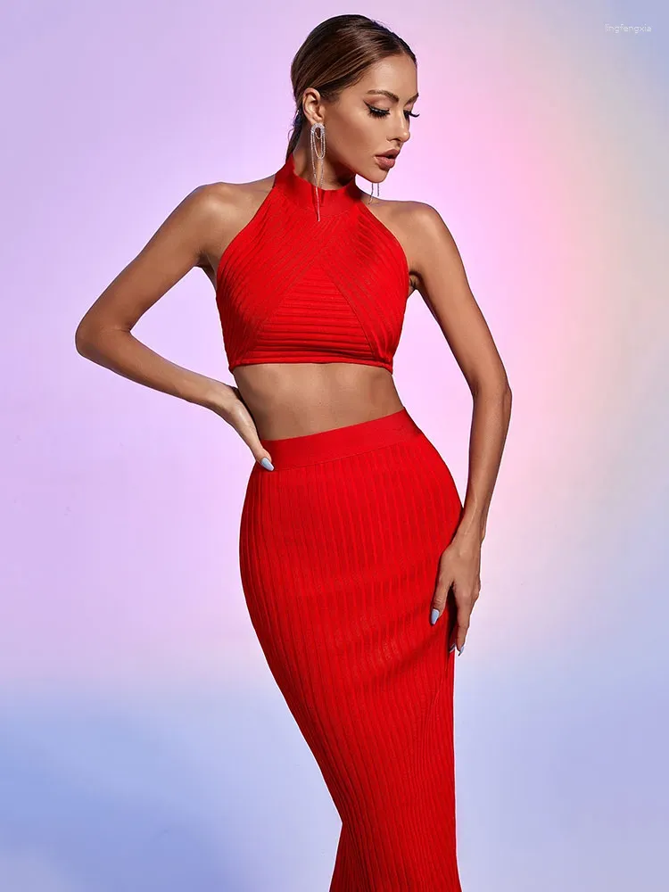 Work Dresses Red Bandage Dress Sets For Women Summer 2024 Ribbed Halter Short Tops And High Waist Hip Skirt Suit Sexy Party 2 Piece Set