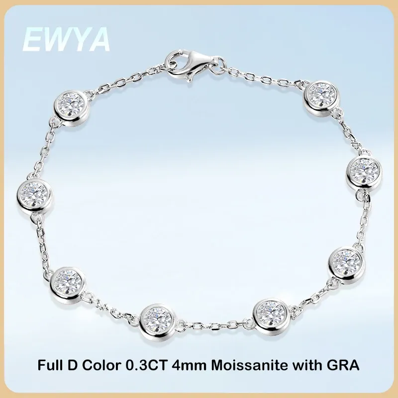 Brangles Ewya Trendy Real D Couleur complète 4 mm 0,3ct Bracelet de tennis Moisanite pour femmes S925 Silver plaqué 18k Diamond à main Link Bracelets