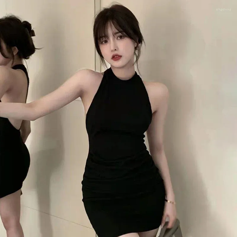 Casual Dresses Sexy Women Black Backless Short Dress Female Hanging Neck Solid Color Slim Fitting Tank Tight