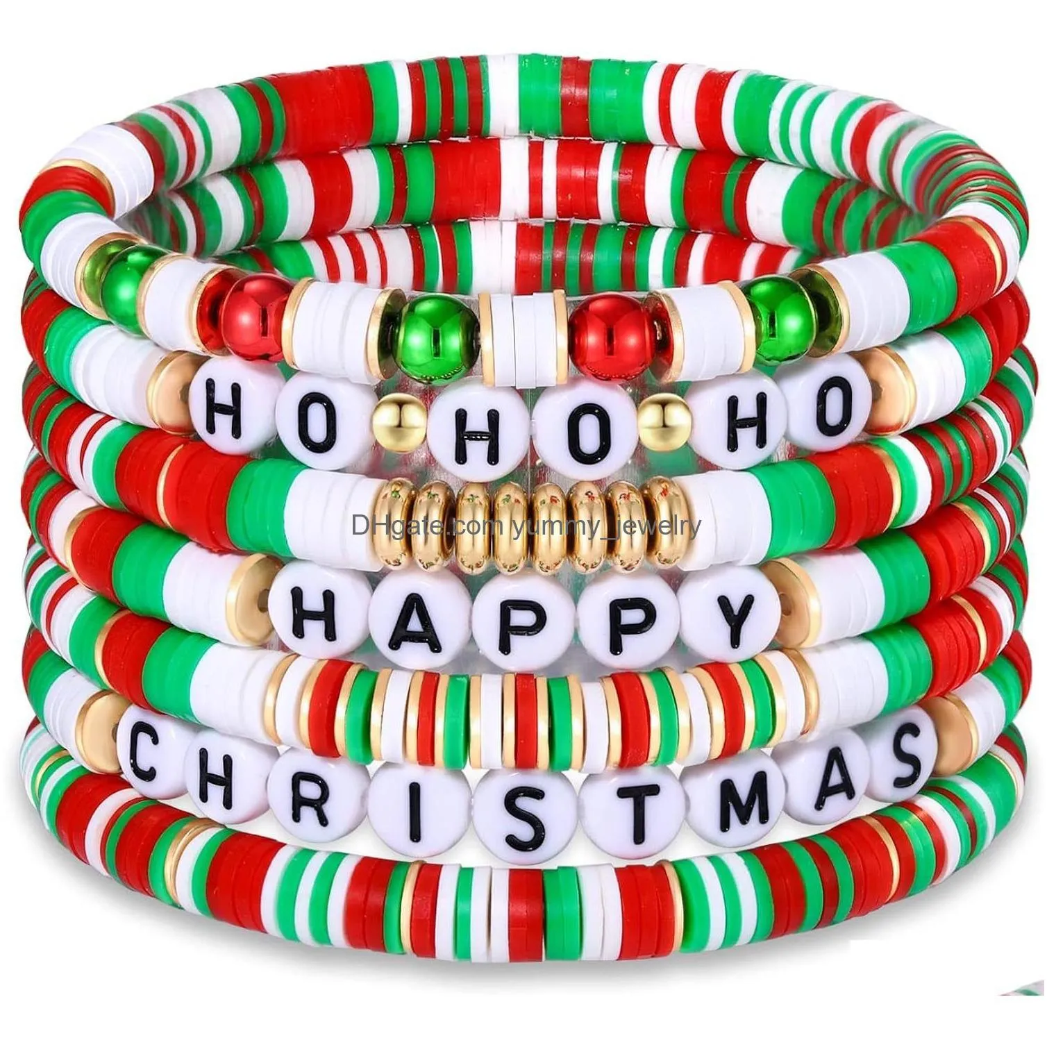 Ensemble de bracelets de perles de noël, 7 pièces, brins extensibles Heishi de vacances, lettres en argile polymère rouge vert, breloques d'amitié empilables S Dhg1G