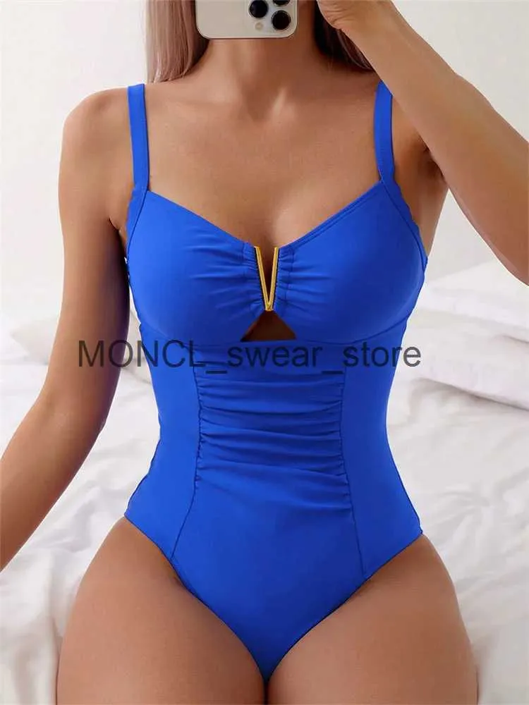 Women's Swimwear One Piece Swimsuit 2024 Mujer Women Solid Black V Neck Hollow Out Pleate Tummy Control Beach Bathing Suit Slim MonokiniH24222
