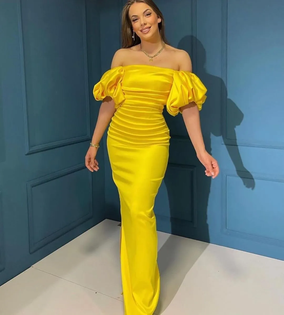 Elegant Yellow Mermaid Evening Dresses for Women Off Shoulder Short Sleeves Floor Length Formal Occasions Wear Party Second Reception Birthday Pageant Prom Gowns