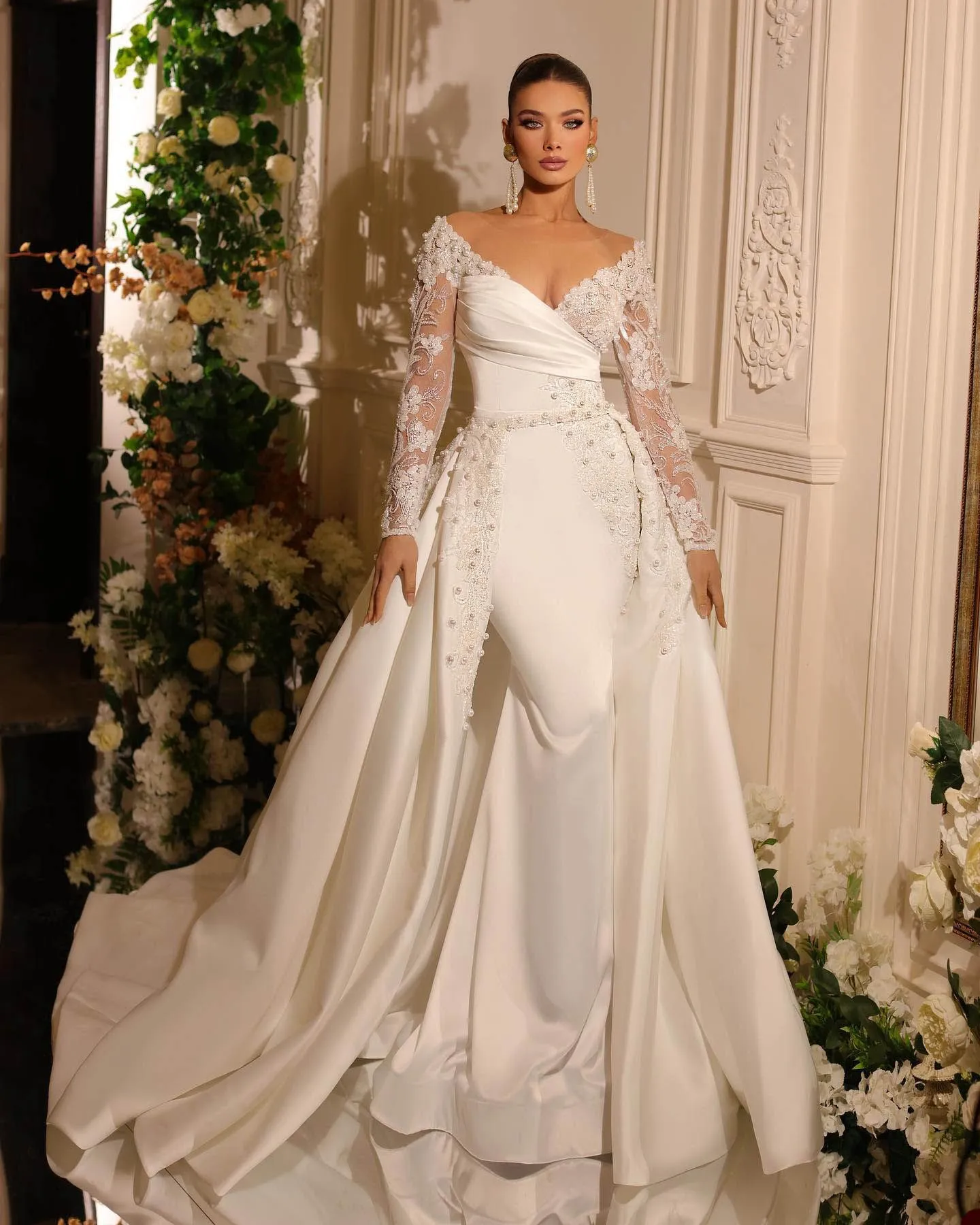 One Shoulder Evening Gowns Long Sleeves Beaded Pearls High Split With Train Mermaid Wedding Dresses
