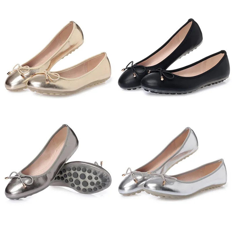 New Women Shoes Low Heels Round Head Bow Knot Flat Bottom Comfortable Cute Mom Black Grey Siery Gold Big Size 36-41 GAI