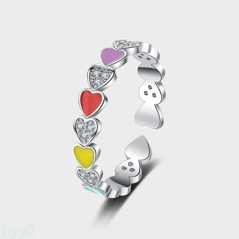 Band Rings S925 Silver Light Luxury Sweet Love Rainbow Enamel Ring Womens Heart Shaped Crowd Design Fashion Index Finger Ring