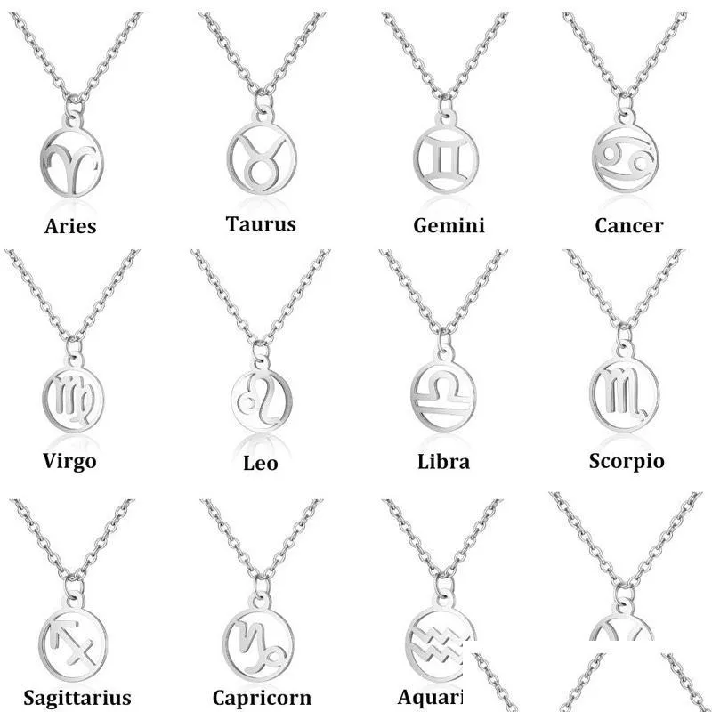 Colares de pingente de alta qualidade de aço inoxidável 12 constelação do zodíaco pingente colares para mulheres homens forma redonda cor sier na moda l dh4yj