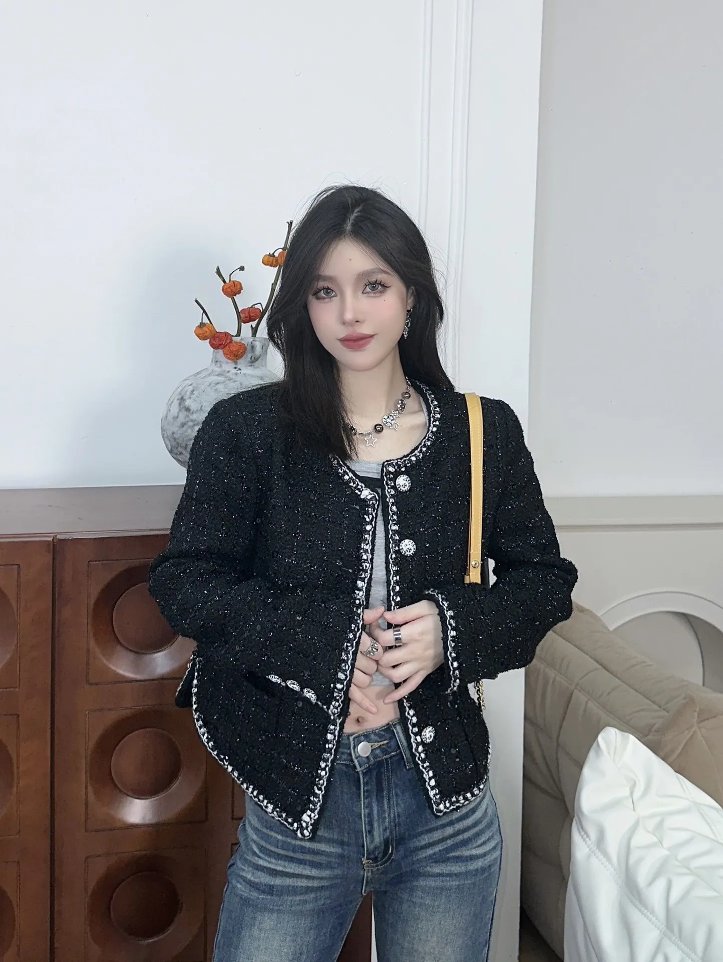 Black Tweed Blazer Outfit Ideas Sequin Tweed Jacket Womens