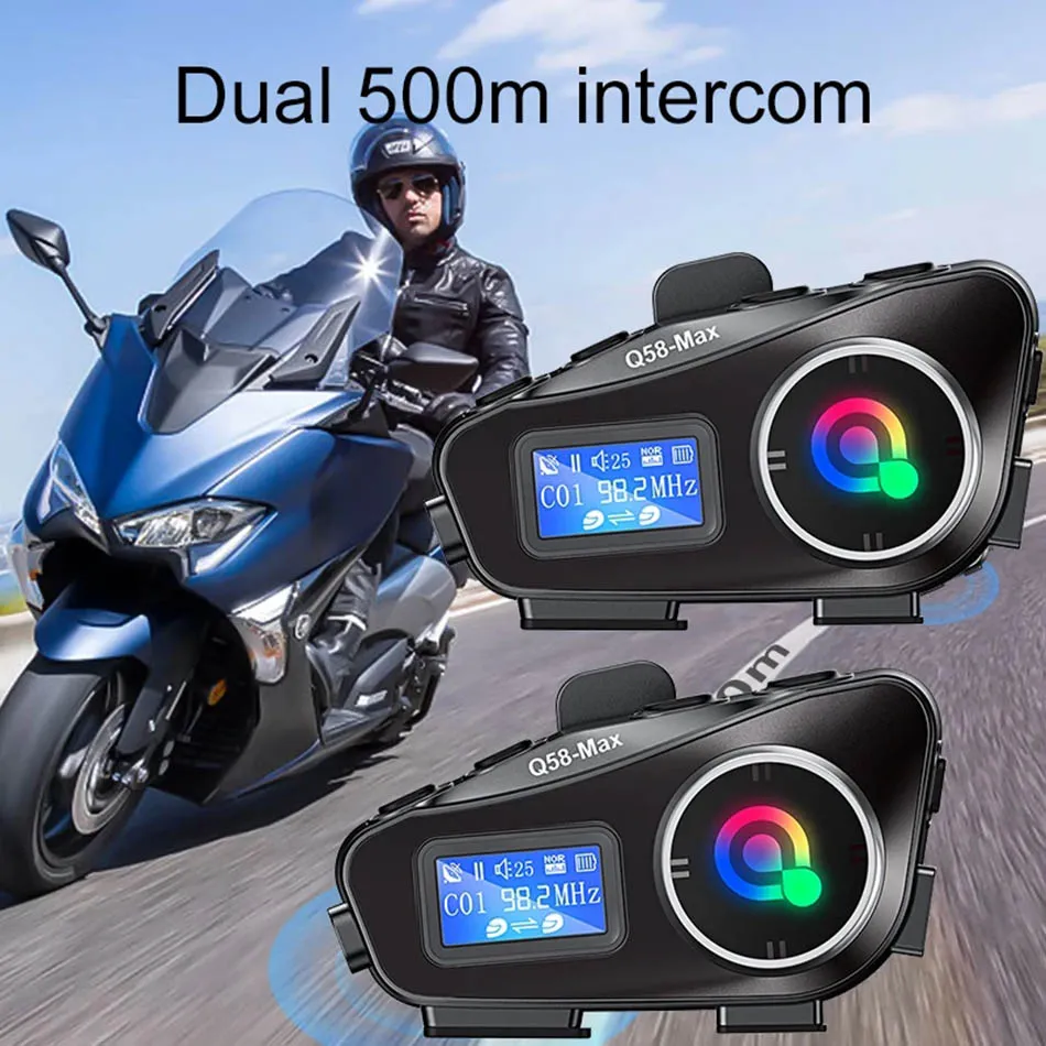 Q58 MAX Casco moto Auricolare Bluetooth senza fili Intercomunicador Moto Display LCD Radio FM Condivisione musica per 2 Rider 500m Intercom