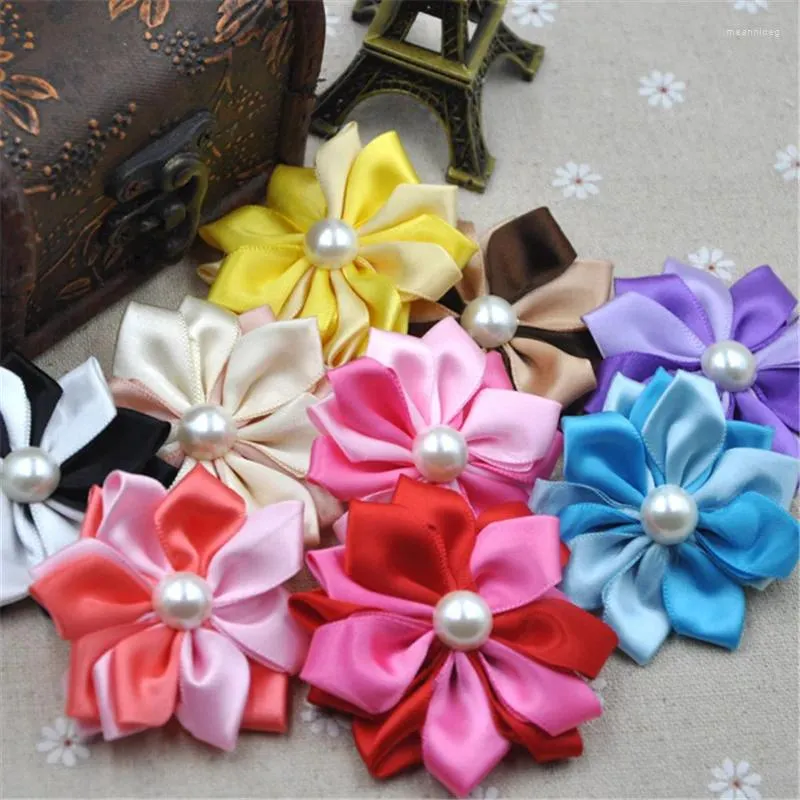 Decorative Flowers 20pcs Satin Ribbon W/pearl Appliques Craft DIY Wedding 9 Colos A268