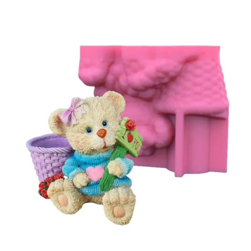 Utrustning R3MC Geometrisk kärlek Little Bear Gips Silicone Mögel Lagringsbox Mögel för att göra saftig Plant Pot Flower Pot Pen Holder