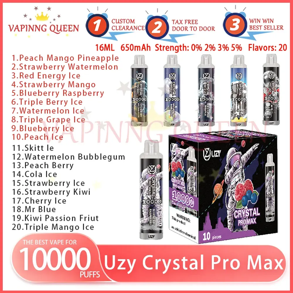 Original Uzy Crystal Pro Max 10000 Puff 0% 2% 3% 5% Disponibel Vape Pen med uppladdningsbart batteriflödesstyrning Mesh Coil 16 ml Förfylld pod 10K Puffs Big Vapo