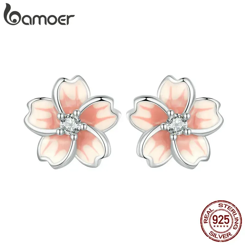 Oorbellen BAMOER Roze Emaille Kersenbloesem Oorbellen 925 Sterling Zilver CZ Bloem Stud Oorbellen Geplatineerd voor Dames Meisjes