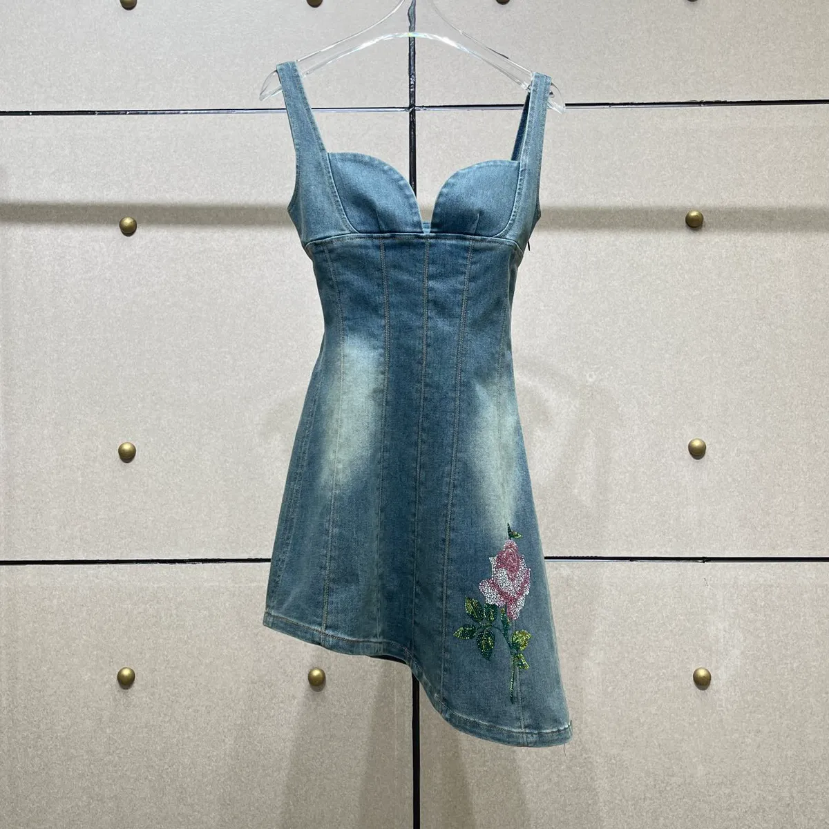 Womens Dress European Fashion brand Diamond flower irregular hem blue denim mini dress