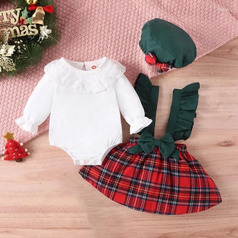 Ensembles de vêtements de Noël pour bébés filles, vêtements en dentelle, col de poupée, manches longues, barboteuse, jupes à carreaux, bandeau, costume de noël 0-24M