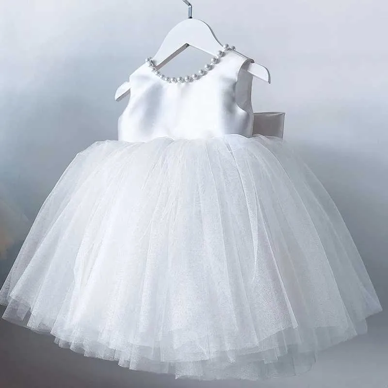 Robes de fille été enfant en bas âge bébé filles 1er anniversaire robes de fête de baptême dos nu arc mignon bébé robe blanche perles de mariage robes de bal l2402