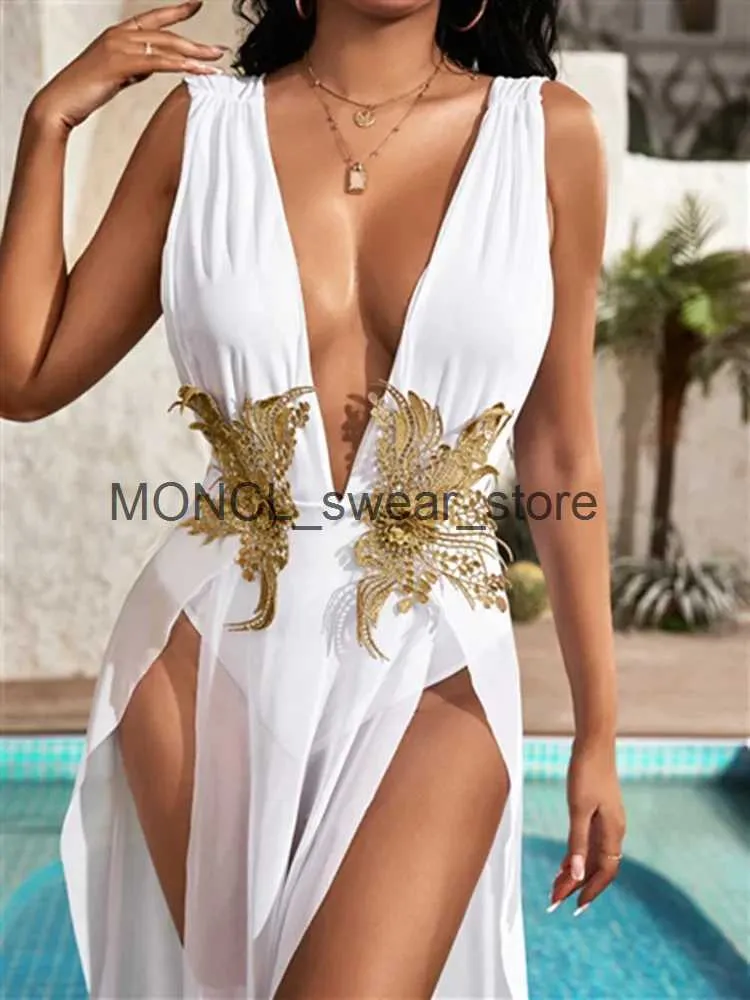 Women's Swimwear Sexy White Dress One Piece Swimsuit 2024 Women Embroidery Floral Designer High Waist Vintage Beach Bathing Suit BikiniH24222