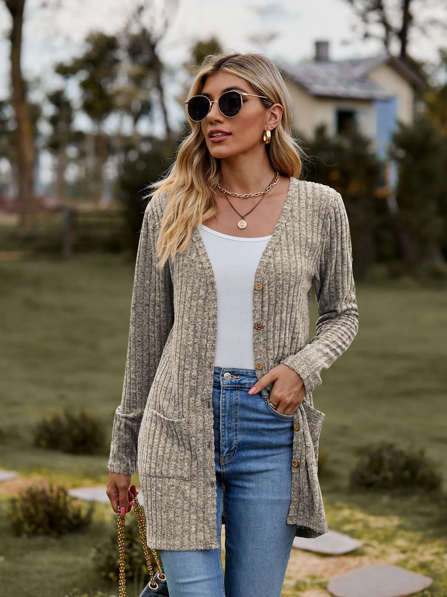 2024 Spring Womens Sweaters Cardigan Long Sleeve Open Front Button Down V Neck Ribbed Knit Lätt ytterkläder med fickan BK24006