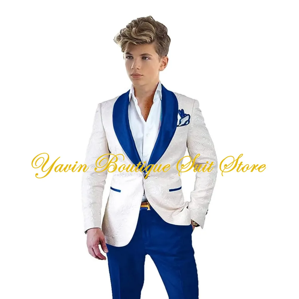 Abito da matrimonio per ragazzi, scialle con risvolto, jacquard, smoking bianco, giacca formale, pantaloni, set da 2 pezzi, blazer per bambini