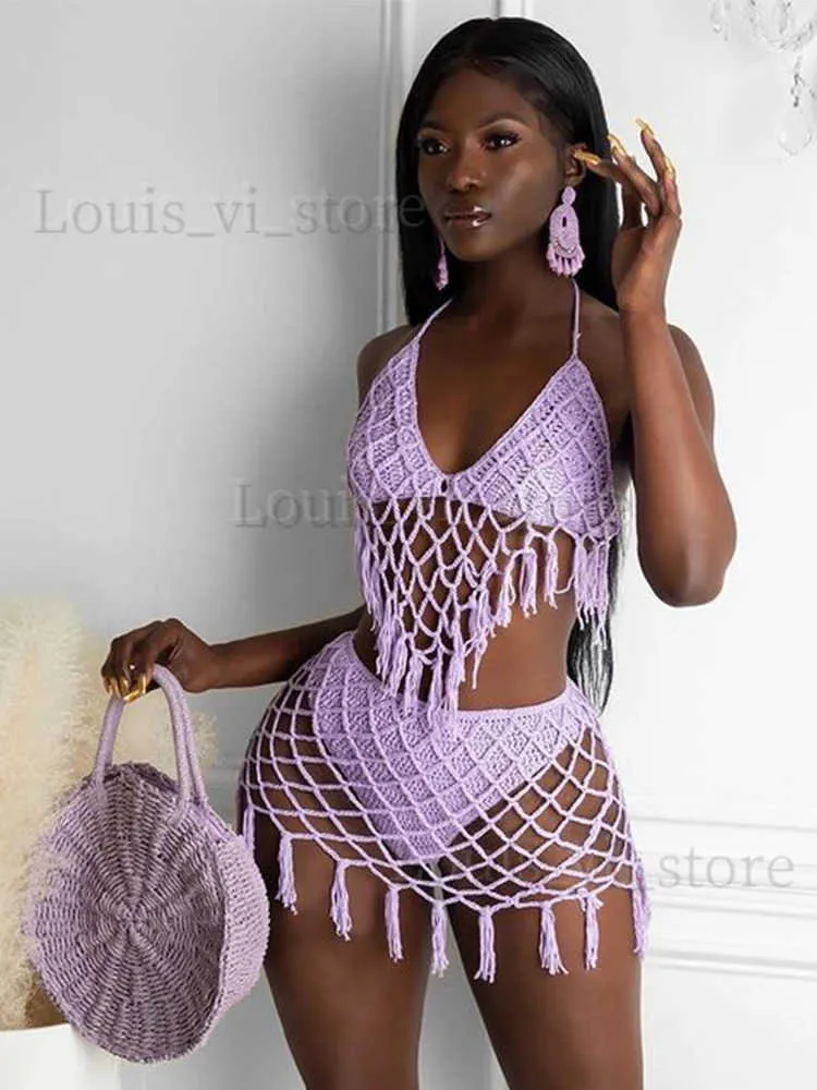 Mulheres Swimwear Biquinis Set Adogirl Verão Praia Sexy Bikini Mulheres Swimwear Oco Out Crochet Sexy Verão Duas Peças Set Banheira Swim Wear 2023 T240222