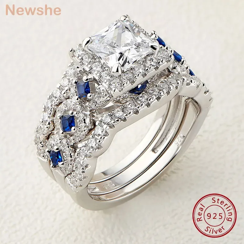 Rings newshe 3 pc's trouwringen ingesteld voor vrouwen 925 zilver 2.6ct prinses gesneden wit blauw aaaaa cz luxe bruids engagement sieraden