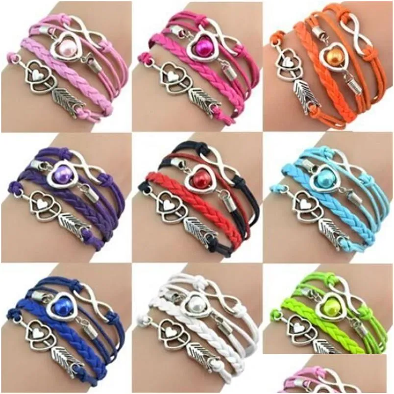 Charm armband nya infinity charm armband hjärtkoppar pil diy läder mtilayer konstgjorda pärlarmband armband mode kvinnor g dhecz