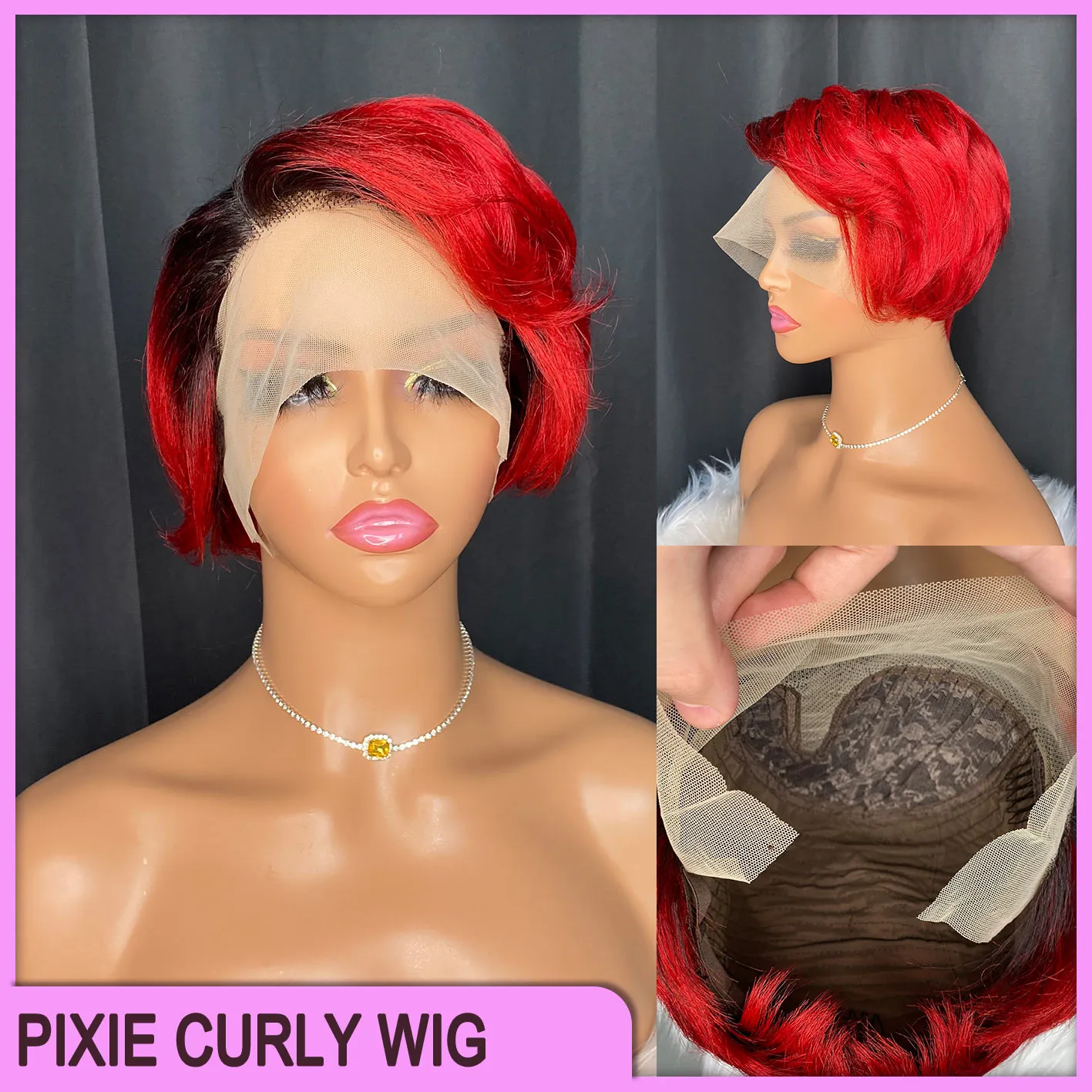 Vonder Price Top Quality Brazilian Peruian Indian 100％Vrigin Remy Human Hair1b Red Pixie Curly Short 13x1 Lace Wig