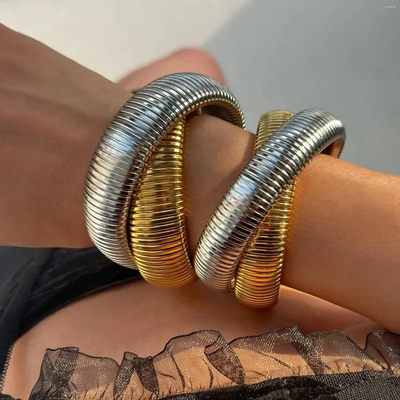 Bangle Twee Drie Ronden Kronkelende Stretch Elastische Armband Voor Vrouwen Mannen 316L Rvs IP Gold Plating Kpop Gift