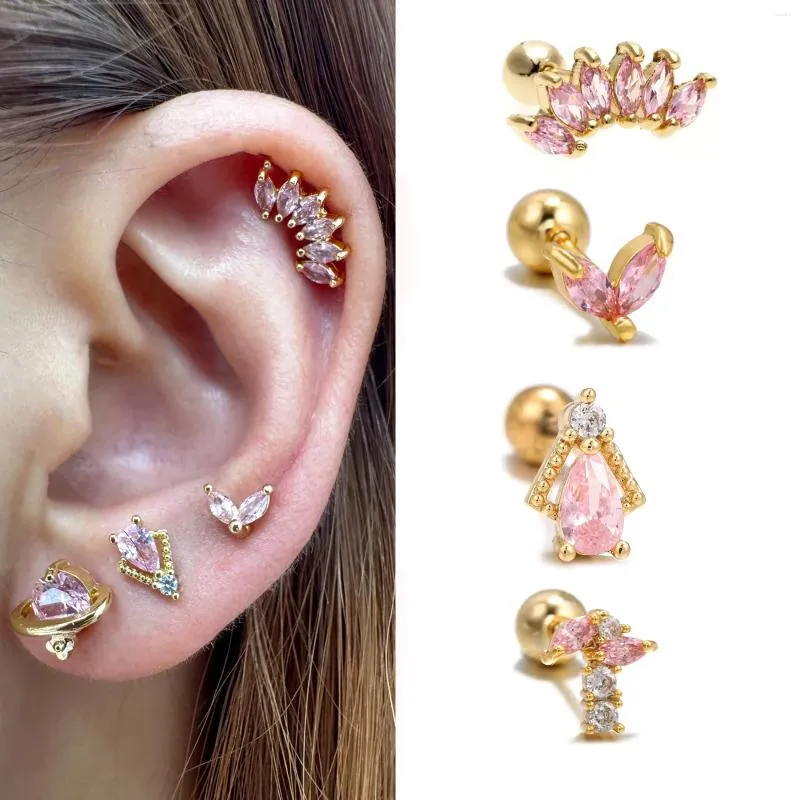 Ohrstecker 1 STÜCK Edelstahl Rosa Zirkon Krone Mini Minimale Geometrie Punk Tragus Knorpel Piercing Kleiner Ohrring Schmuck