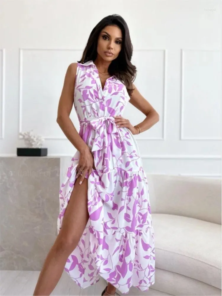 Casual Dresses Fashion Boho Print Shirt Women's Dress Sexy V Neck Sleeveless Button Lace Up Maxi Summer Vacation Party Long Female