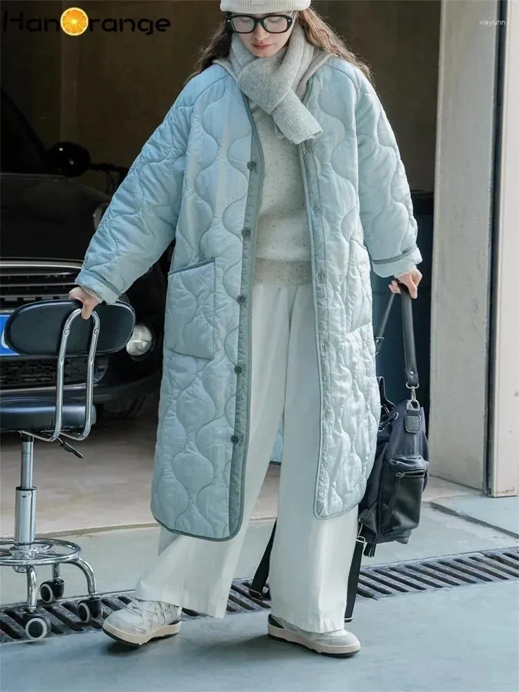 Kvinnors dikerockar Hanorange 2024 Vinter Casual Silhouette X-Long Cotton Padded Coat Lätt Lätt VÄRLIGA PARMAS LJUS GRÅ