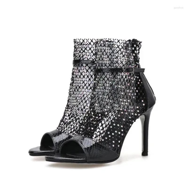 صندل أزياء امرأة الماس شبكة الشبكات في الكاحل القابل للتنفس حزام كعب رفيع أحذية مثيرة زقزقة أخمص القدم