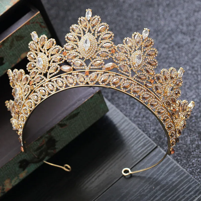 Takı Barok Vintage Altın Renk Şampanya Rhinestone Gelin Tiaras Taç Düğün Saç Aksesuarları Kristal Pageant Tiaras Kraliçe Diadem