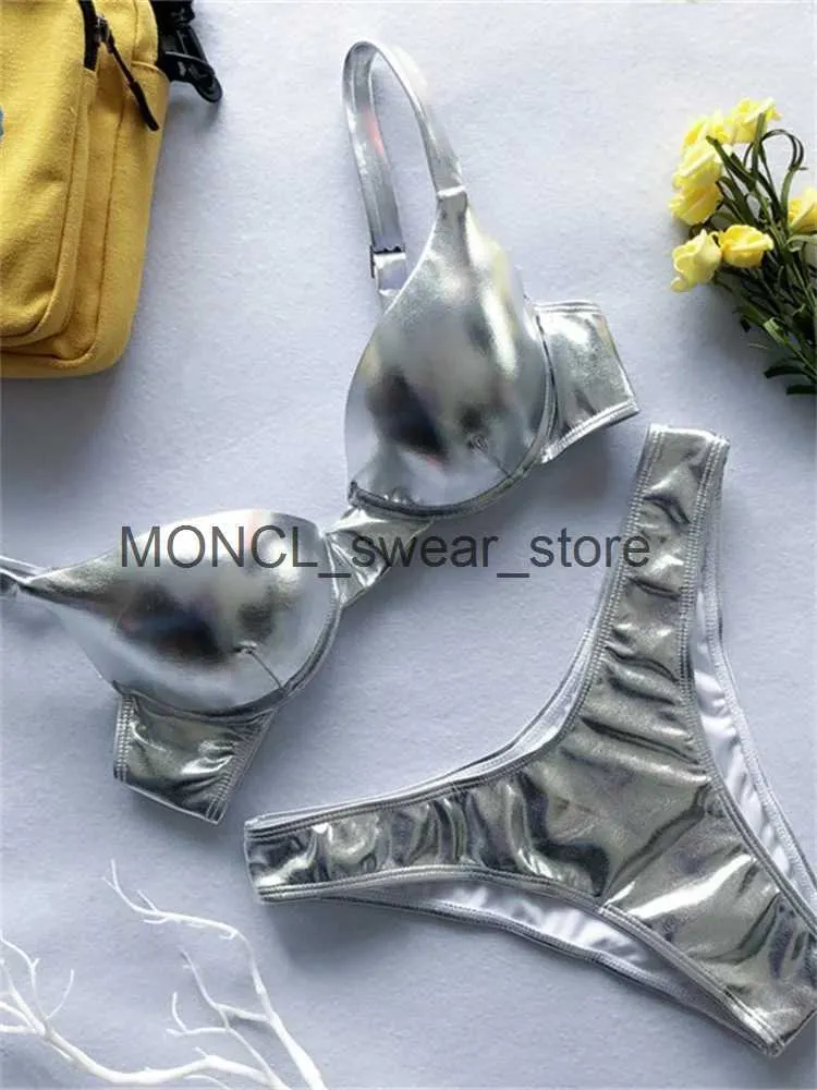 Kvinnors badkläder silverguld underwire bikini 2024 glänsande faux läder push up mikro baddräkt kvinnor solid baddräkt thong beachwearh24222