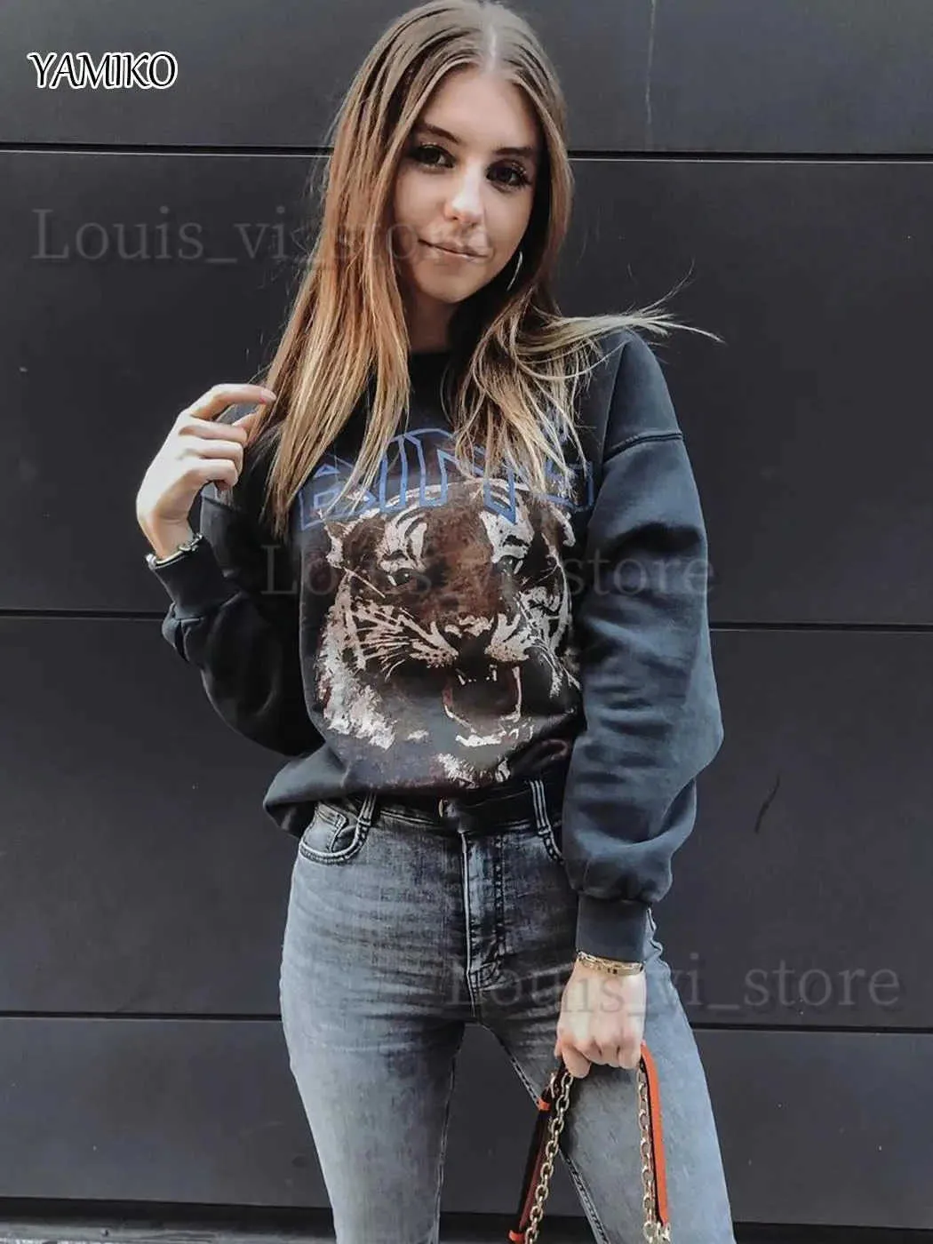 Felpa con cappuccio da donna con felpa con cappuccio da donna 2023 Fedette di tigre nera retrò fuoriscette da donna top streetwear da donna a manica lunga