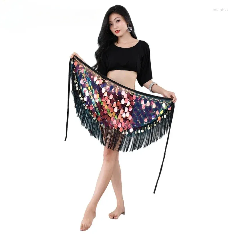 Stage Wear Belly Dance Hip Spódnica Fringe Fringe Fringe Sequin Wrap Women's Clothing Belt Performance Shining Super Long