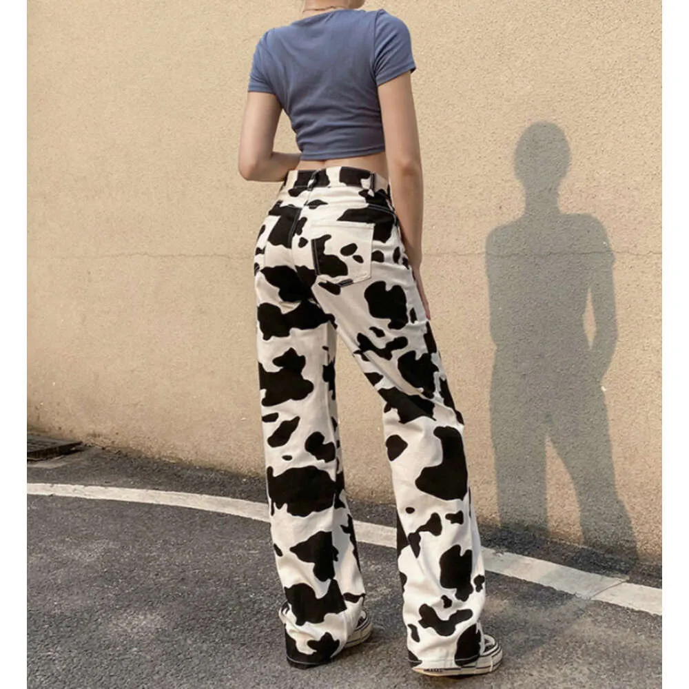 Street Style Women's Clothing 2024 Summer Trendy Brand Cow Print High Waisted Straight Leg Casual Jeans and Floor Mop Pants