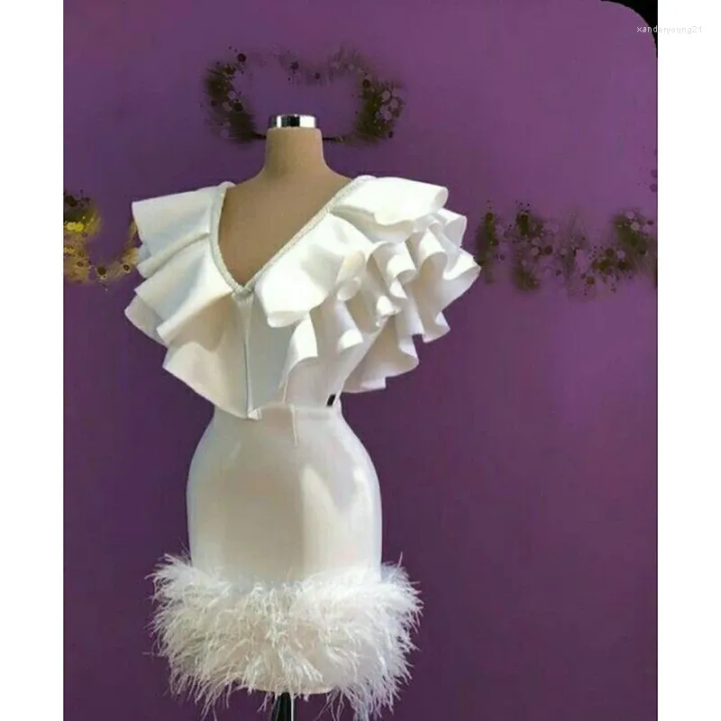 Party Dresses KSDN White Chic Prom Dress Mini Skirt Ruffles V-Neck Feathers Sleeveless Satin Formal Occasion Luxury Evening Women