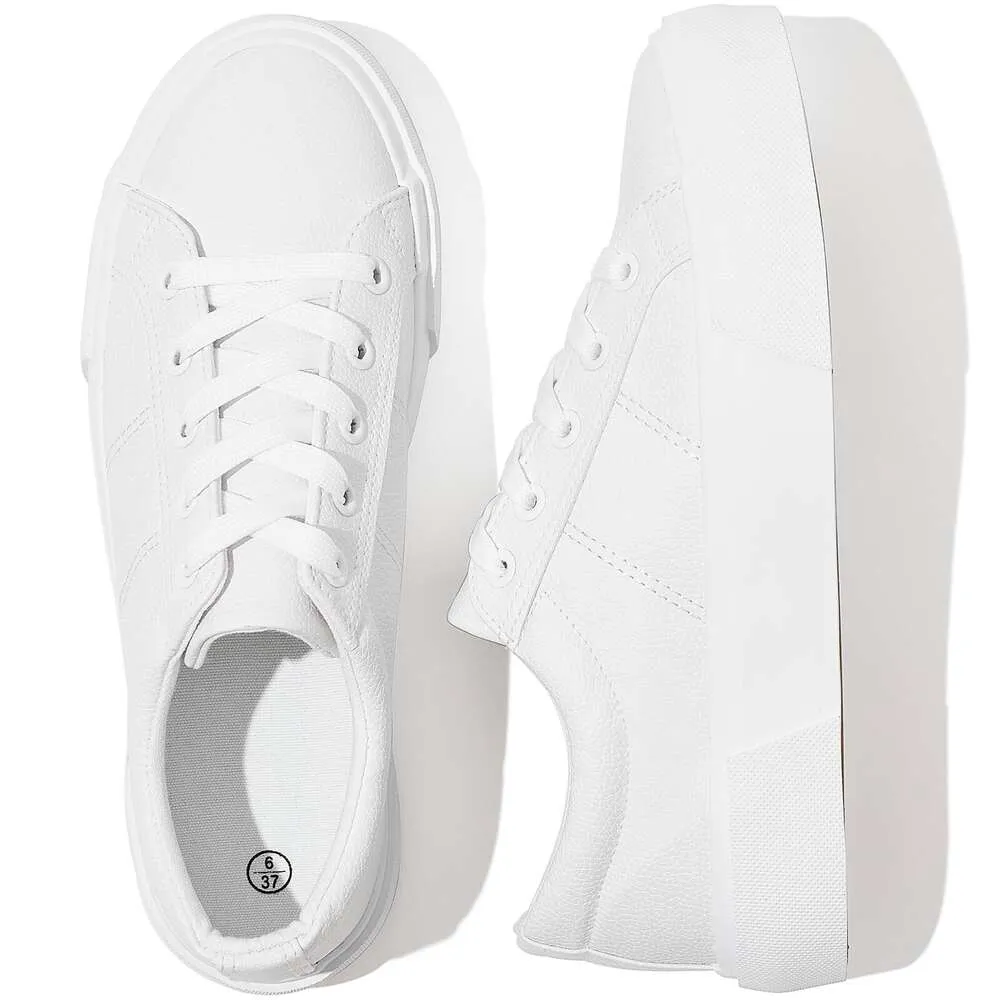 UOIDRU Casual PU White Women's Sports Lace Leather Up Tennis Fashion Low Top Thick Sole Shoes 423 406