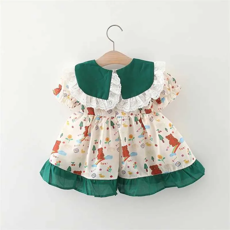 Mädchen Kleider Sommer Baby Mädchen Cartoon Druck Kleidung Spitze Revers Kinder Kleid Pastoralen Stil Bowknot Kinder Kostüm 0 bis 3 Jahre alt KleinkindL2402