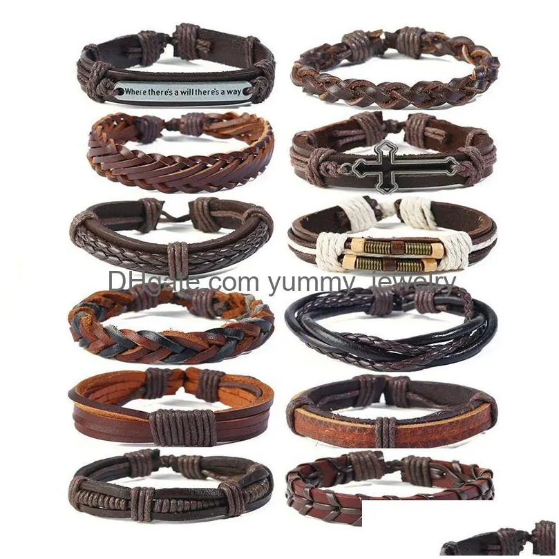 Charme pulseiras de couro genuíno envoltório pulseiras mtilayer charme pulseiras moda homens manguito ajustável cruz páscoa vintage jóias trança dha0u