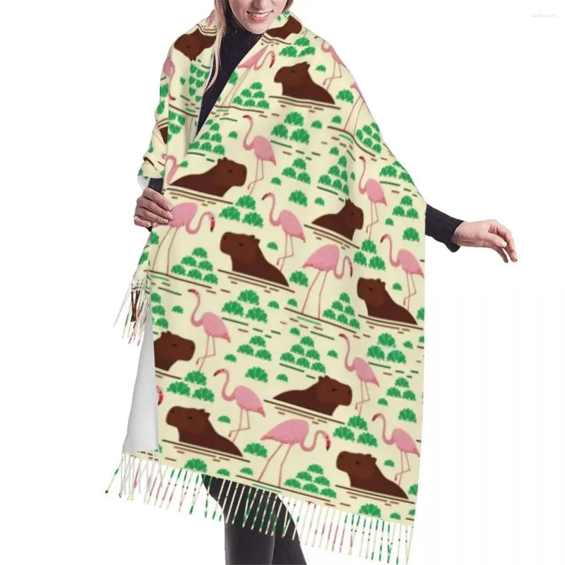 スカーフレディラージブライトカピバラとフラミンゴパターン女性冬秋太い暖かいタッセルショールラップ汎用性のある女性スカーフ