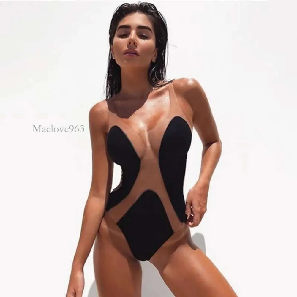 Kvinnors badkläder Sexigt mesh Patchwork One Piece Swimsuit 2022 Summer Beach Se genom baddräkt Kvinnor Bikini Skinny Bodysuits Maelove963