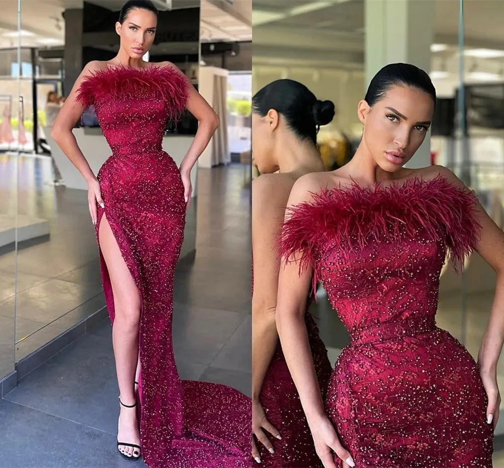 Stunning Burgundy Mermaid Evening Dresses With High Thigh Split Strapless Beads Sequins Long Women Occasion Party Prom Gowns Feather Dress