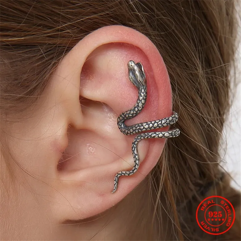 Pendientes MKENDN Plata de Ley 925 auténtica en forma de serpiente, Clip para hueso del oído, pendientes envolventes, sin PiercingClip, pendientes góticos, joyería de fiesta