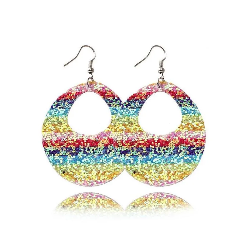 Dangle Chandelier Design de mode Boucle d'oreille en cuir arc-en-ciel Paillettes scintillantes Impression de larme Dangle pour bijoux bohème Drop Deliver Dhtpv