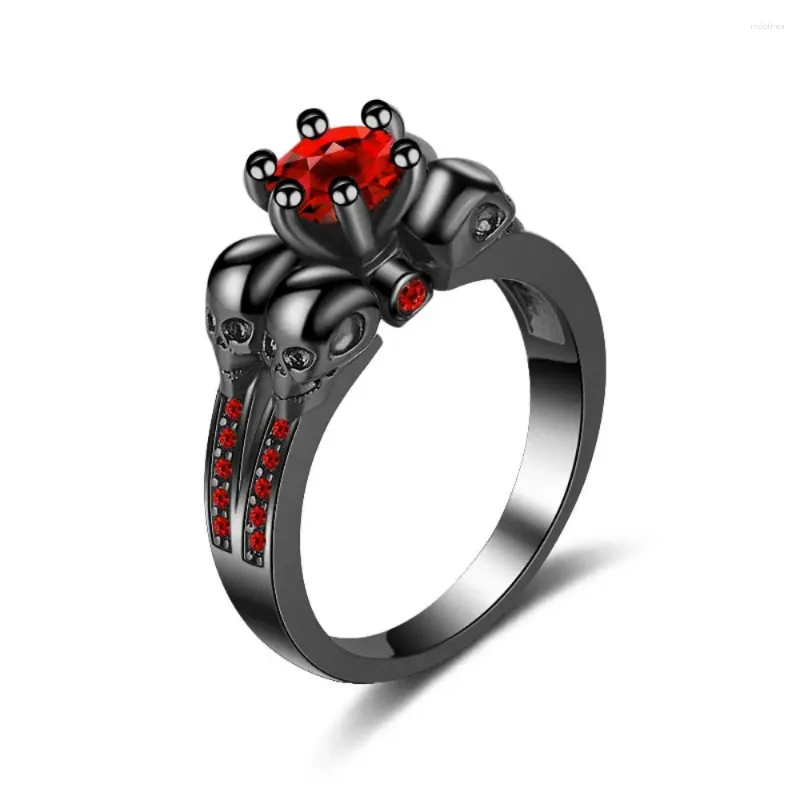 Cluster Ringe Design Schwarzer Schädel Punk Vintage Roter Edelstein Persönlichkeit Kupfer Für Mode Frauen Schmuck