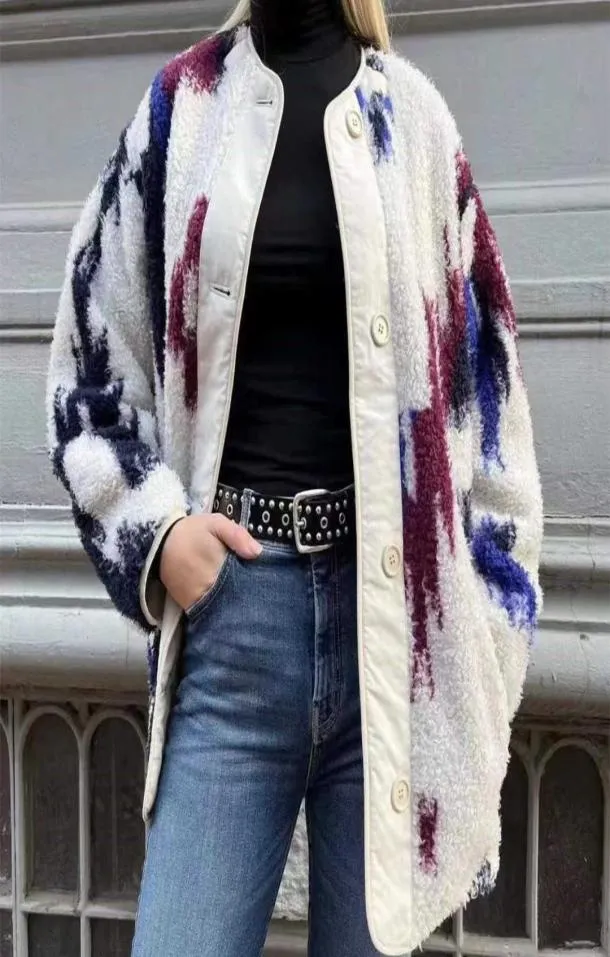 Isabel Marant Etoile wełna polarowa Kobiety Poleśnia dwie boczne kieszeń wszechstronne luźne designerskie płaszcz zimowy ciepła kurtka 9154049